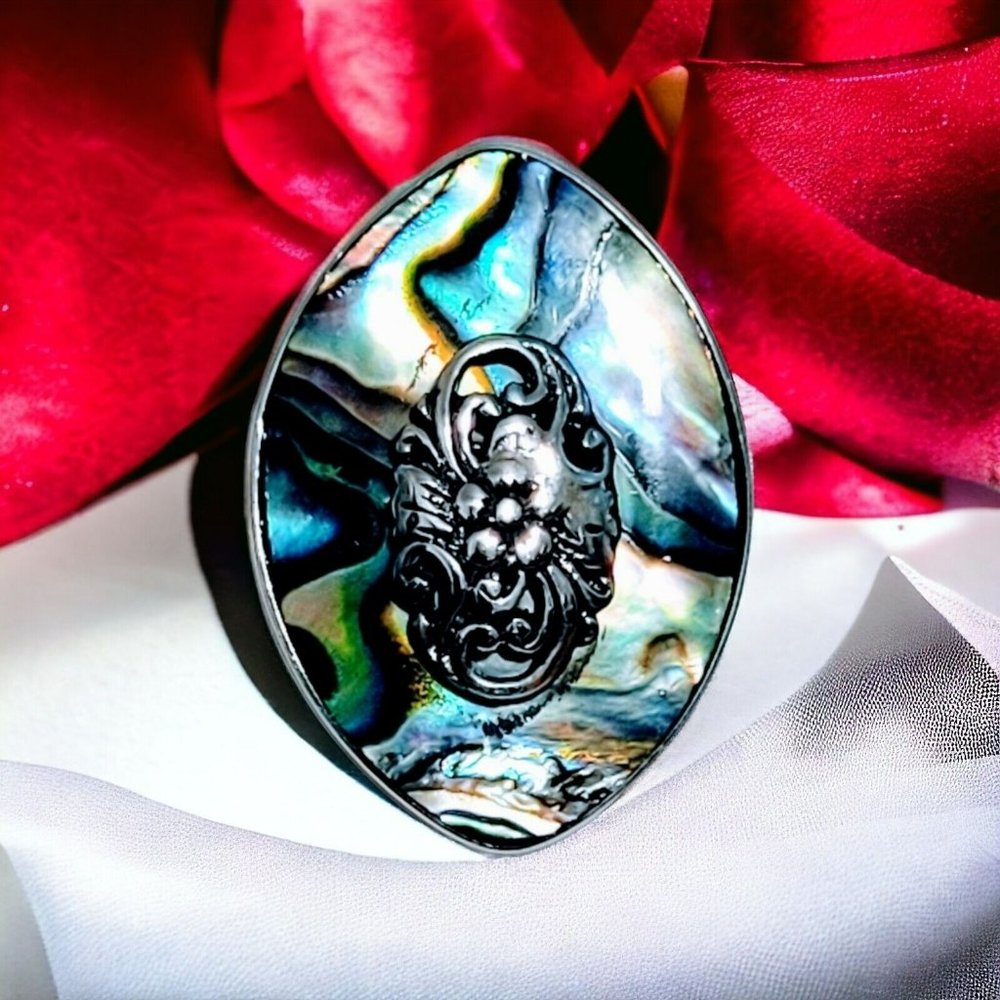 .925 SS Natural Abalone Shell Ring Sz 7 Oval Medallion Mother's Day Jrg15